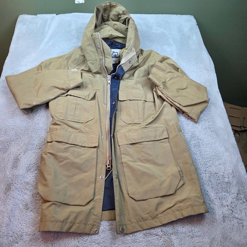 Woolrich Mountain Parka Jacket Mens XS Utility Hooded Multi Pocket Tan Cotton.
